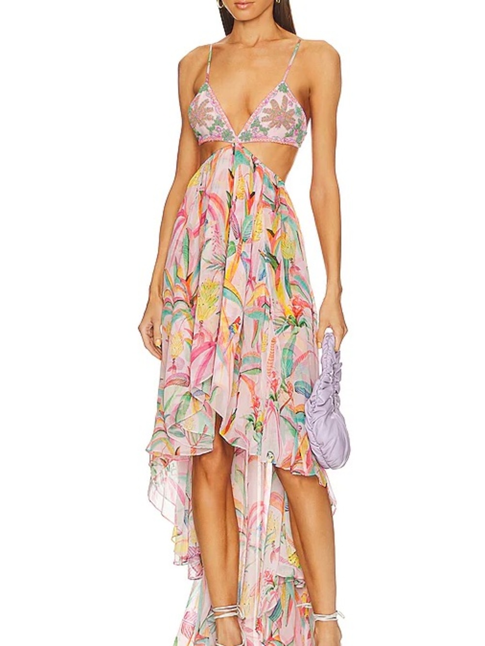 Rococo Sand Pink Tropical High-Low Cutout Maxi Dress